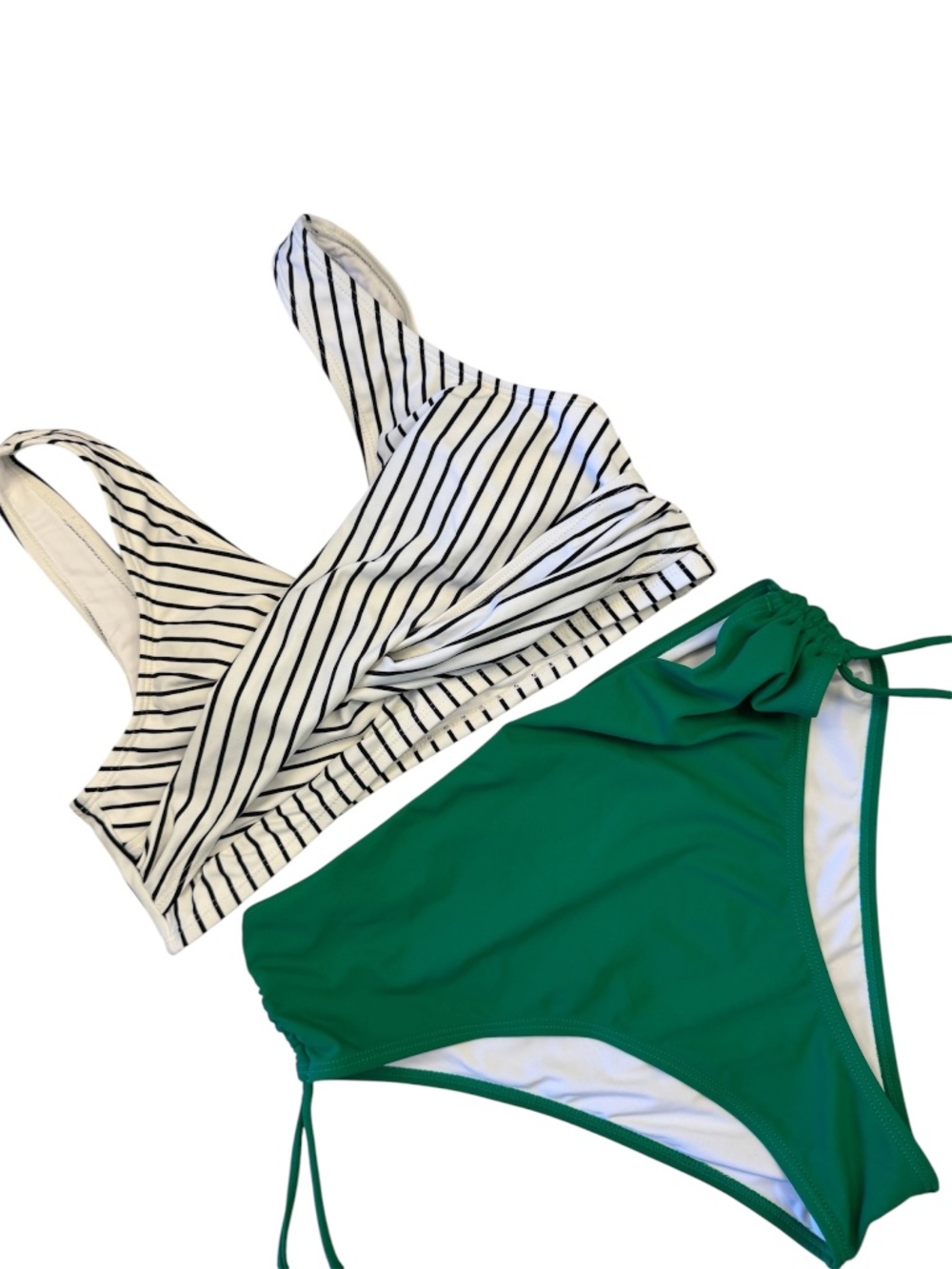 CUPSHE High-waisted bikini set Black & white striped twist top green bottoms